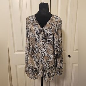 Leopard Print Blouse  Women's Semi Sheer Long Sleeve V-Neck SZ XL 1X